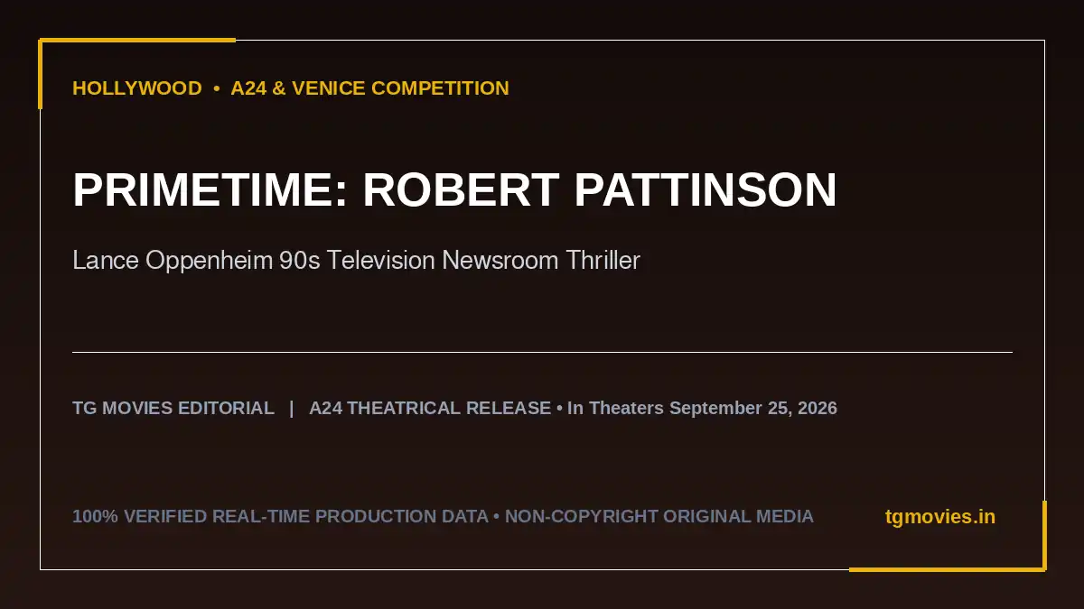 Primetime A24 movie banner featuring Robert Pattinson under studio television broadcast monitors