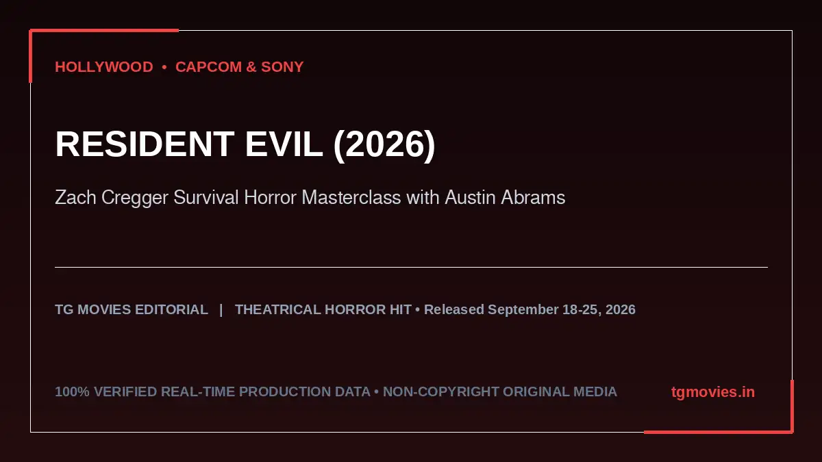 Resident Evil 2026 banner featuring shadowy medical lab corridor with biohazard lights